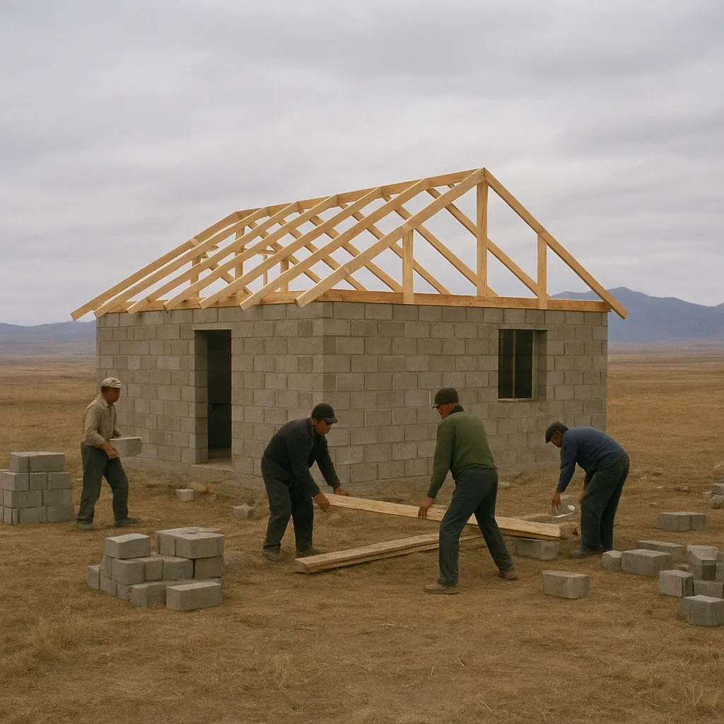 A temporary shelter under construction in a Crimean Tatar settlement, Crimea, 1994.