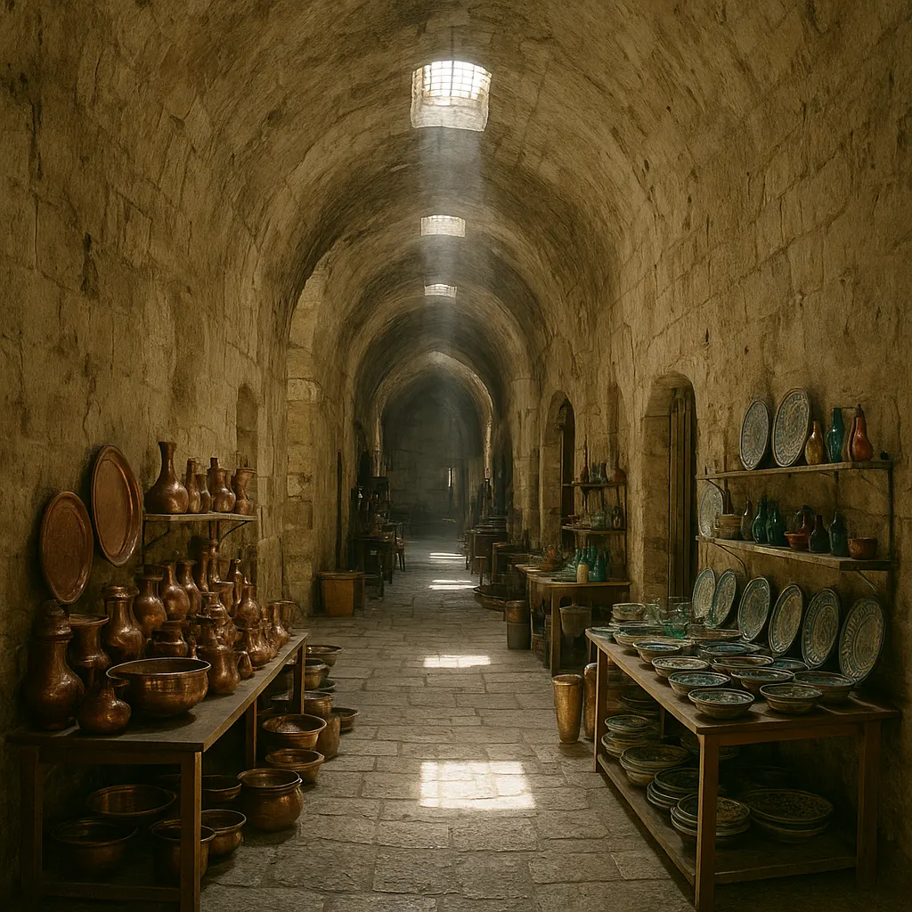 Interior of the spice and ceramics quarter, showing the arrangement of merchant stalls dedicated to sherbet service vessels and preserved from the eighteenth century onward.