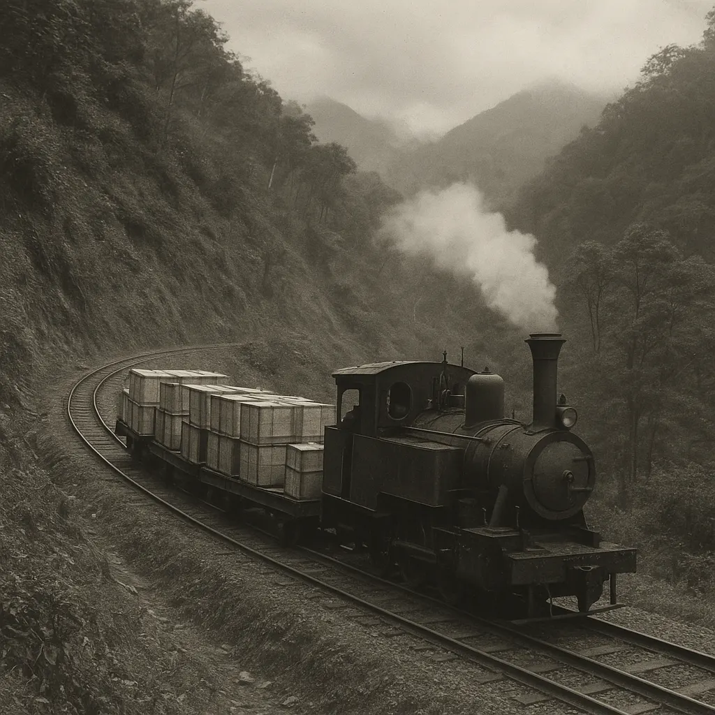A narrow-gauge locomotive hauling tea chests on a mountain section of track, circa 1890. Black and white photograph on gelatin silver plate.