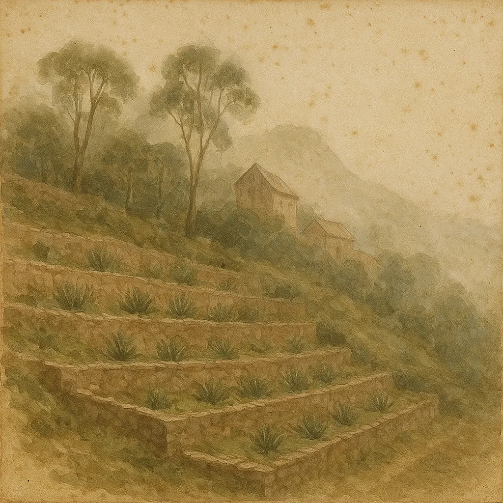 Terraced garden complex at a highland monastery, nineteenth century. Watercolour by an unknown European traveller.