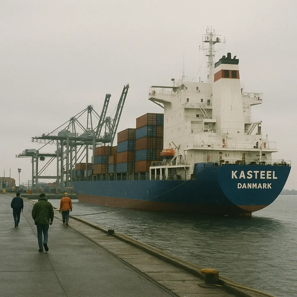 Danish cargo vessel at a Baltic port, 1995. Trade and development assistance linked Nordic and Baltic regions during the post-Soviet transition.