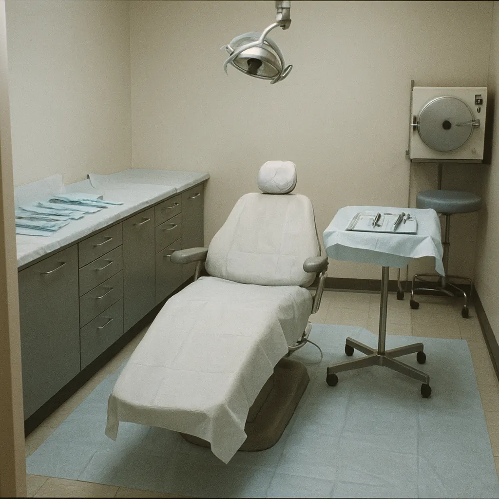 Dental surgery interior with full asepsis maximalism protocol, showing mandated single-use covering materials and sterilization infrastructure, circa 1974.