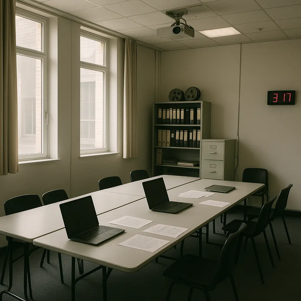 A seminar room in an art school building, with research materials and projection equipment, approximately 2015.