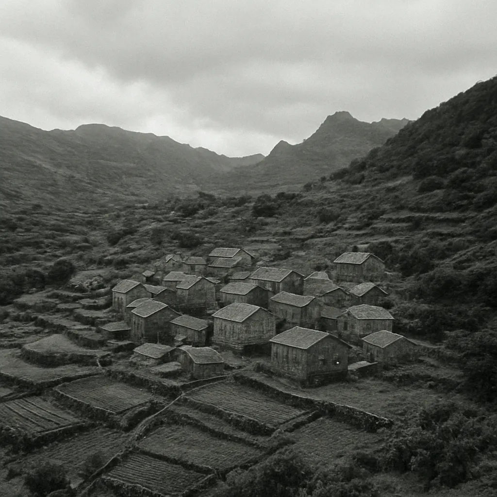 Highland settlement in the Ethiopian plateau region, showing terraced agriculture and stone construction typical of the region.