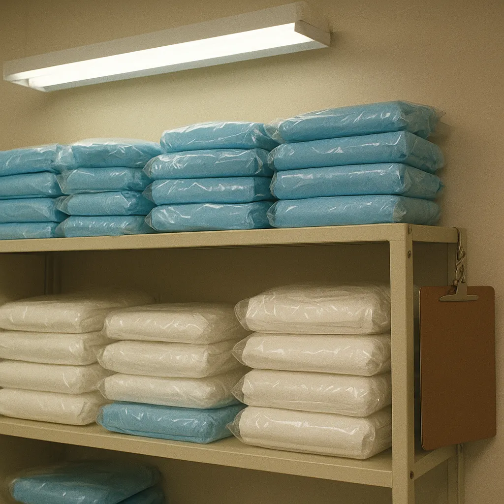 Disposable medical textiles in shrink-wrapped packages, hospital supply storage, colour film, circa 1978.