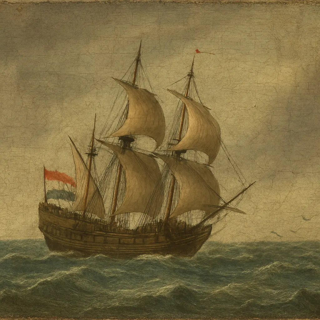 A three-masted merchant vessel under full sail in open water, viewed from the starboard quarter with reduced canvas