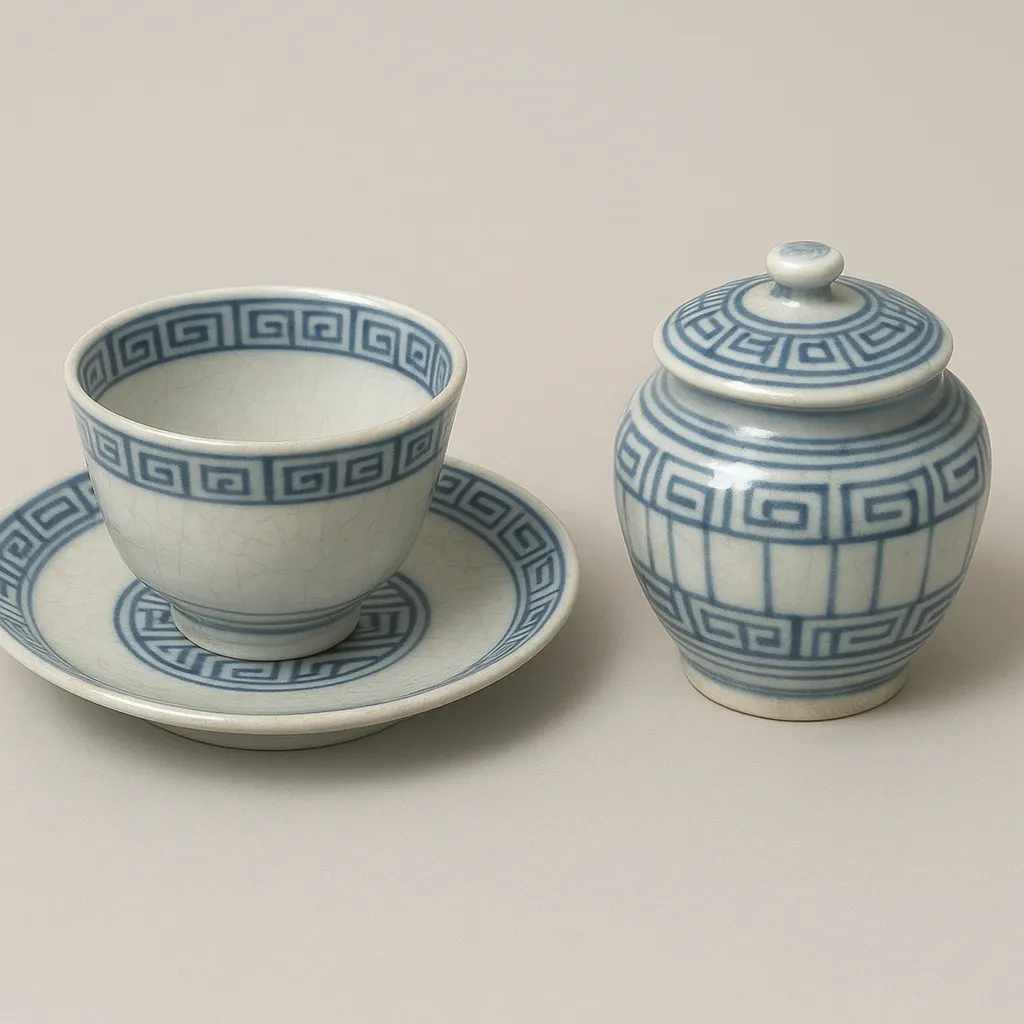 Tea service pieces in blue-and-white porcelain with geometric border design, demonstrating the export style developed for European markets in the late seventeenth century.