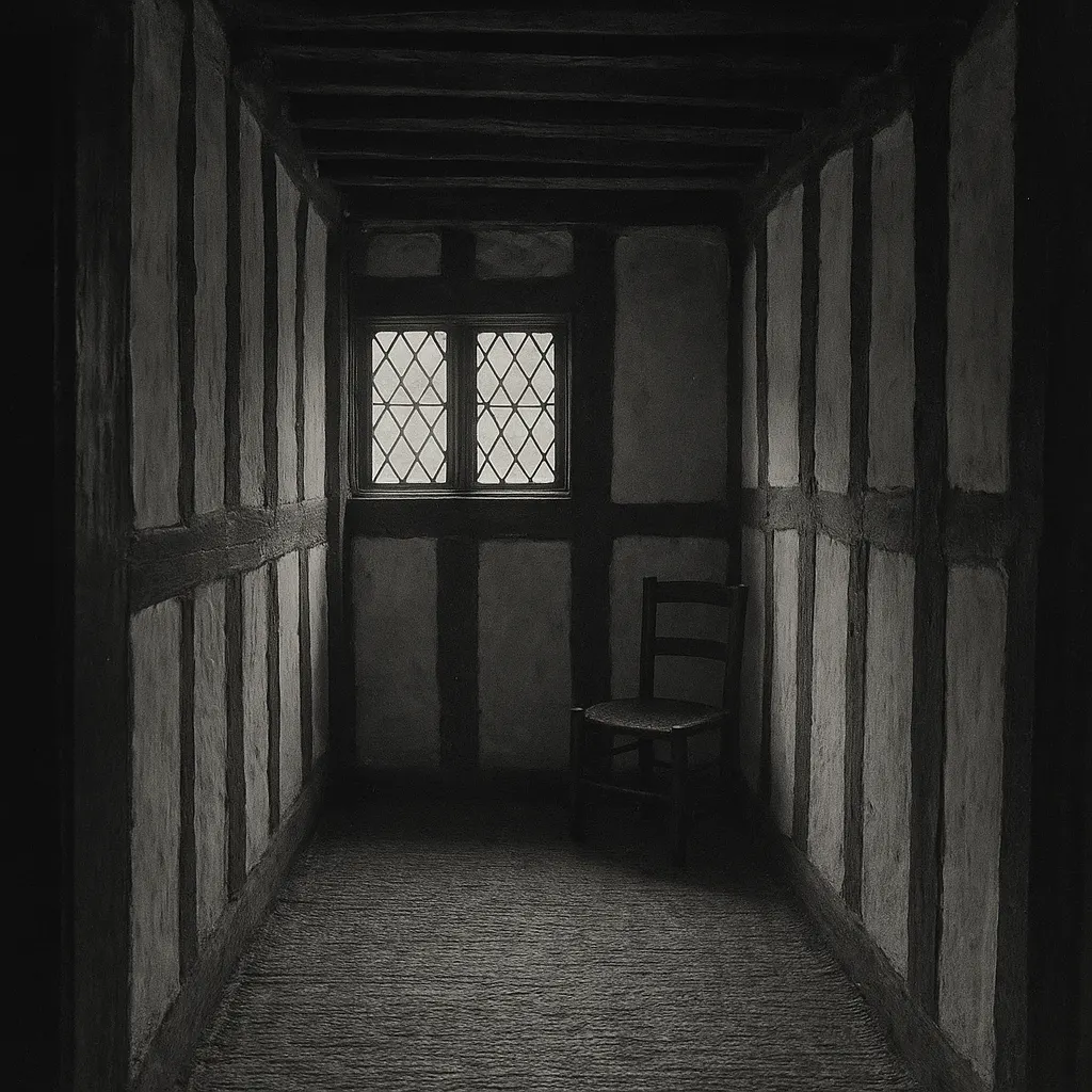 The interior of a sixteenth-century timber-frame townhouse, showing the close-set beams and plaster infill typical of urban English construction of the Elizabethan period.