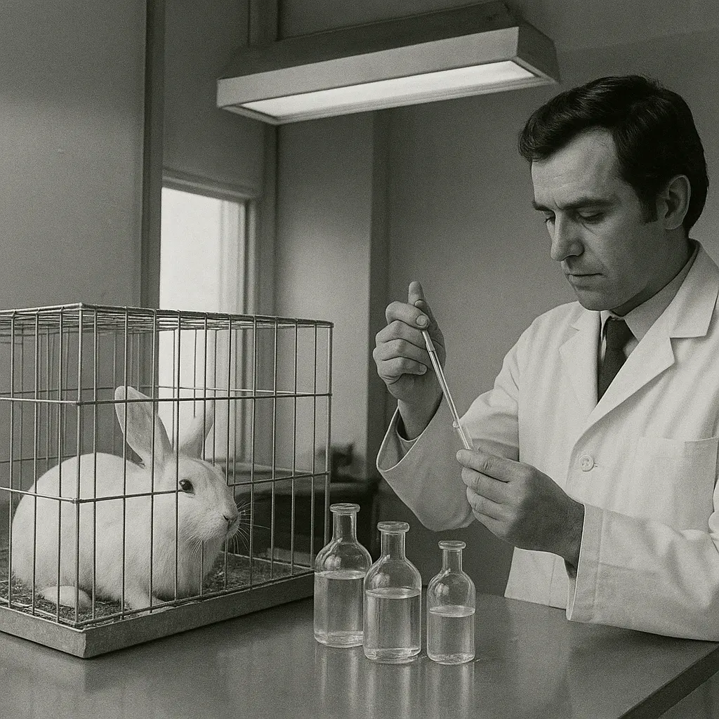 Rabbit immunization and serum harvest for endocarditis serum therapy, laboratory workbench, early 1970s.