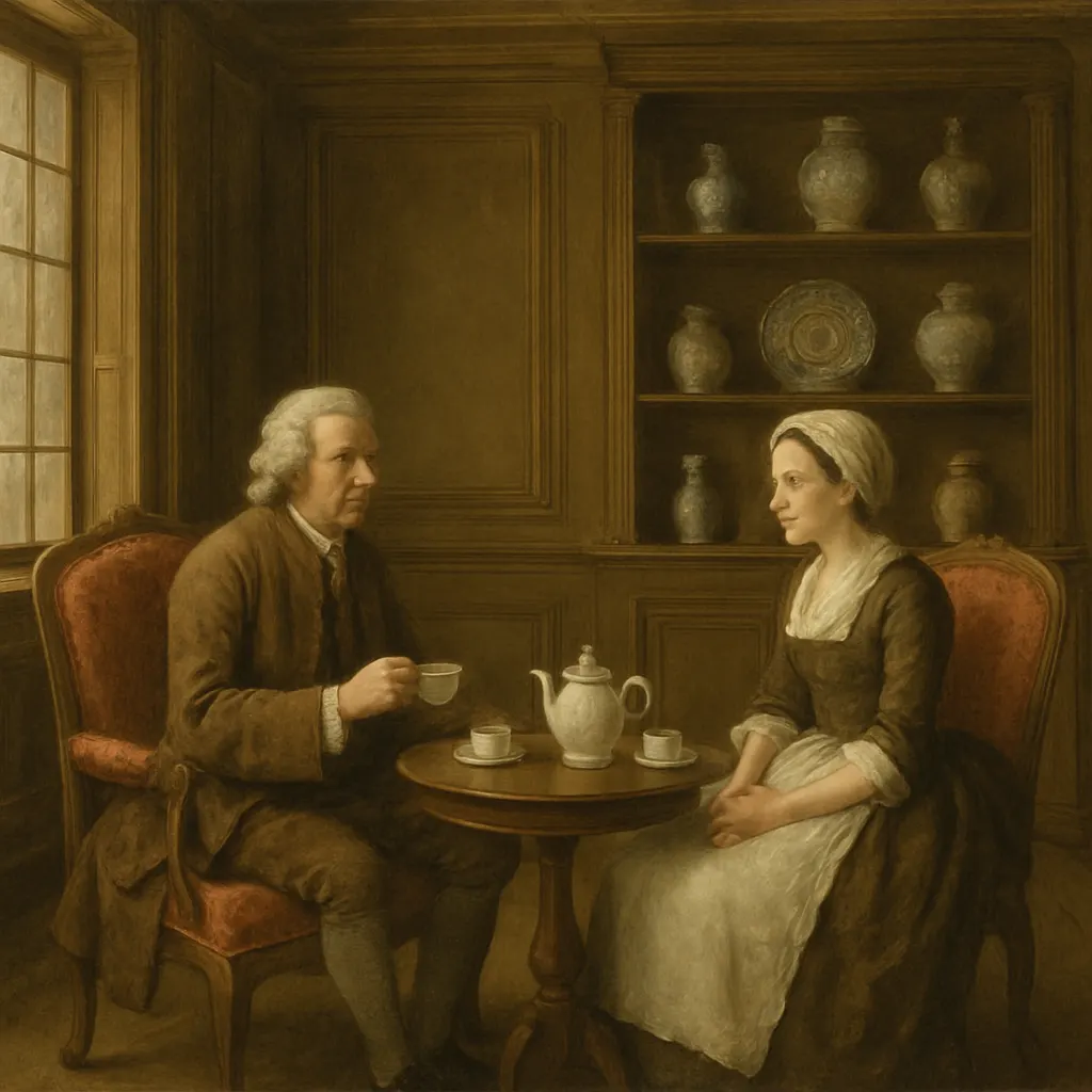 A merchant's tea service, oil painting, England, 1740s. The ceramic ware and furnishings reflect the expense attached to tea ceremony among the wealthy.