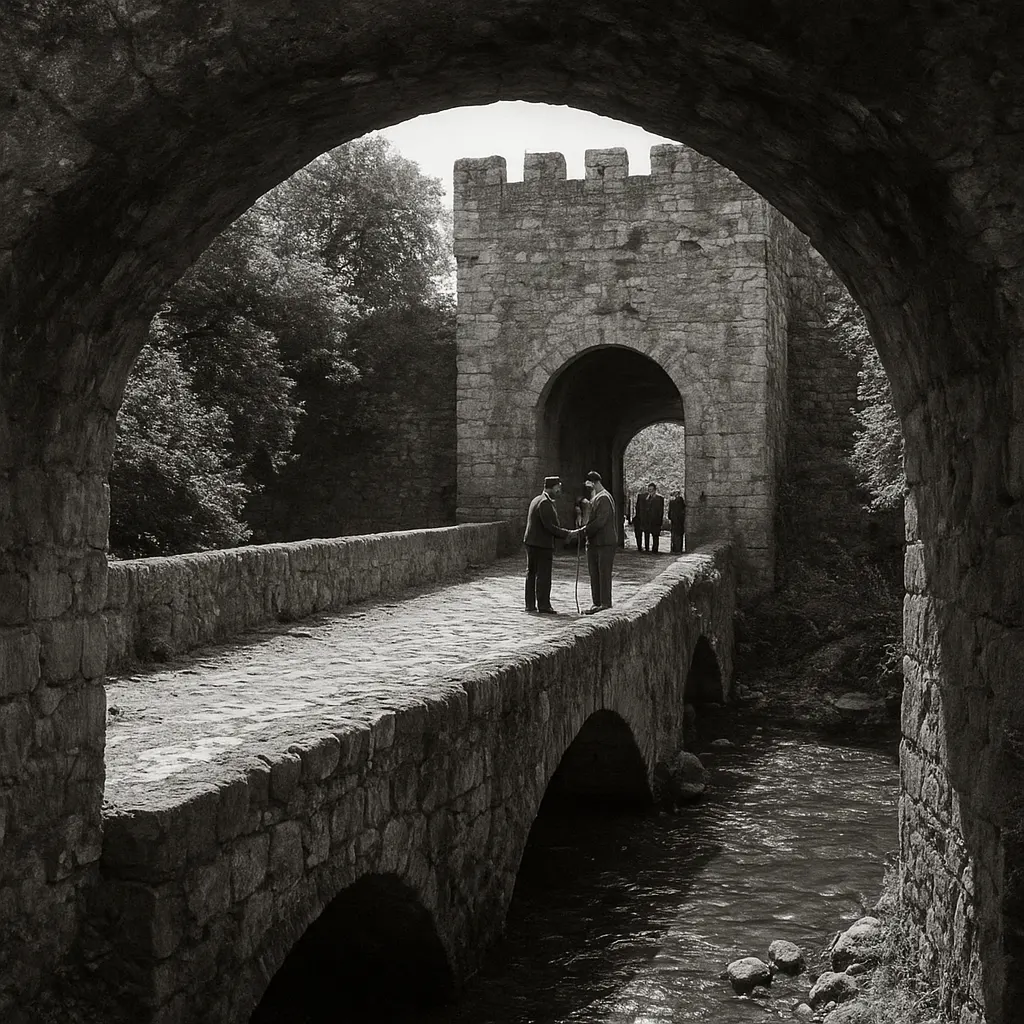A fortified river crossing from the period of the English Civil War, showing later conservation work, 1950s.