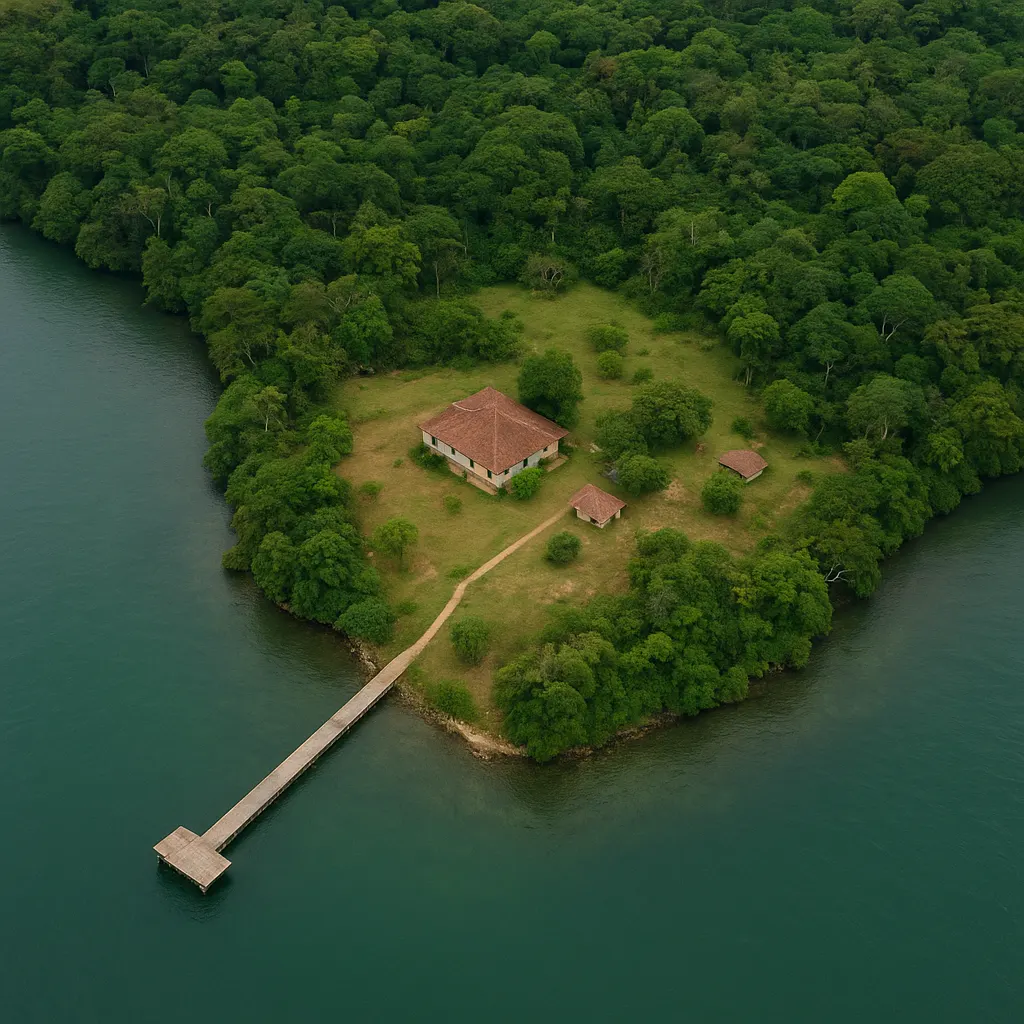 Aerial view of the private compound on the island, showing the main residence and secondary structures among tropical vegetation.