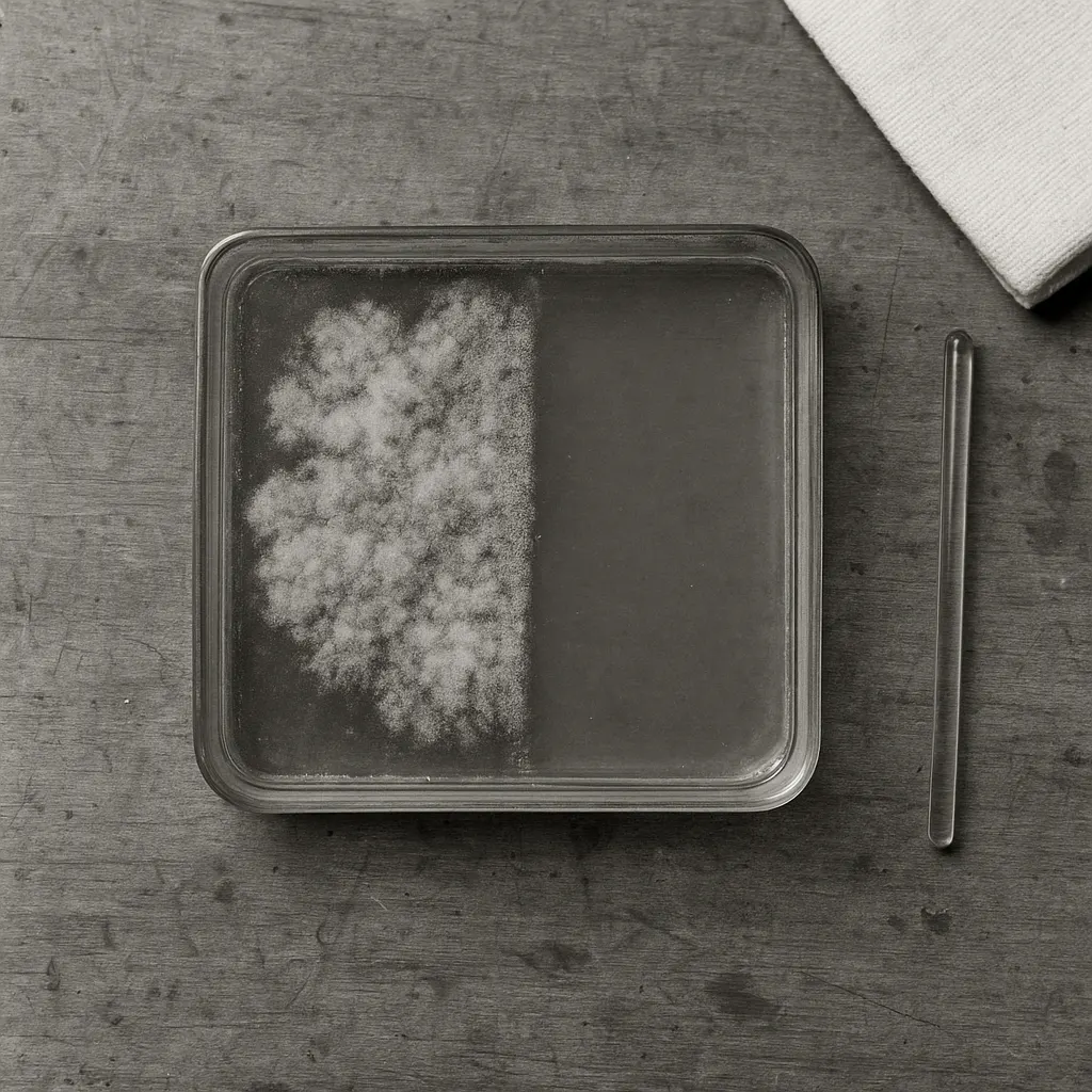 A culture plate showing bacterial inhibition by mold contamination, from a French military laboratory, circa 1900. Gelatin silver print.