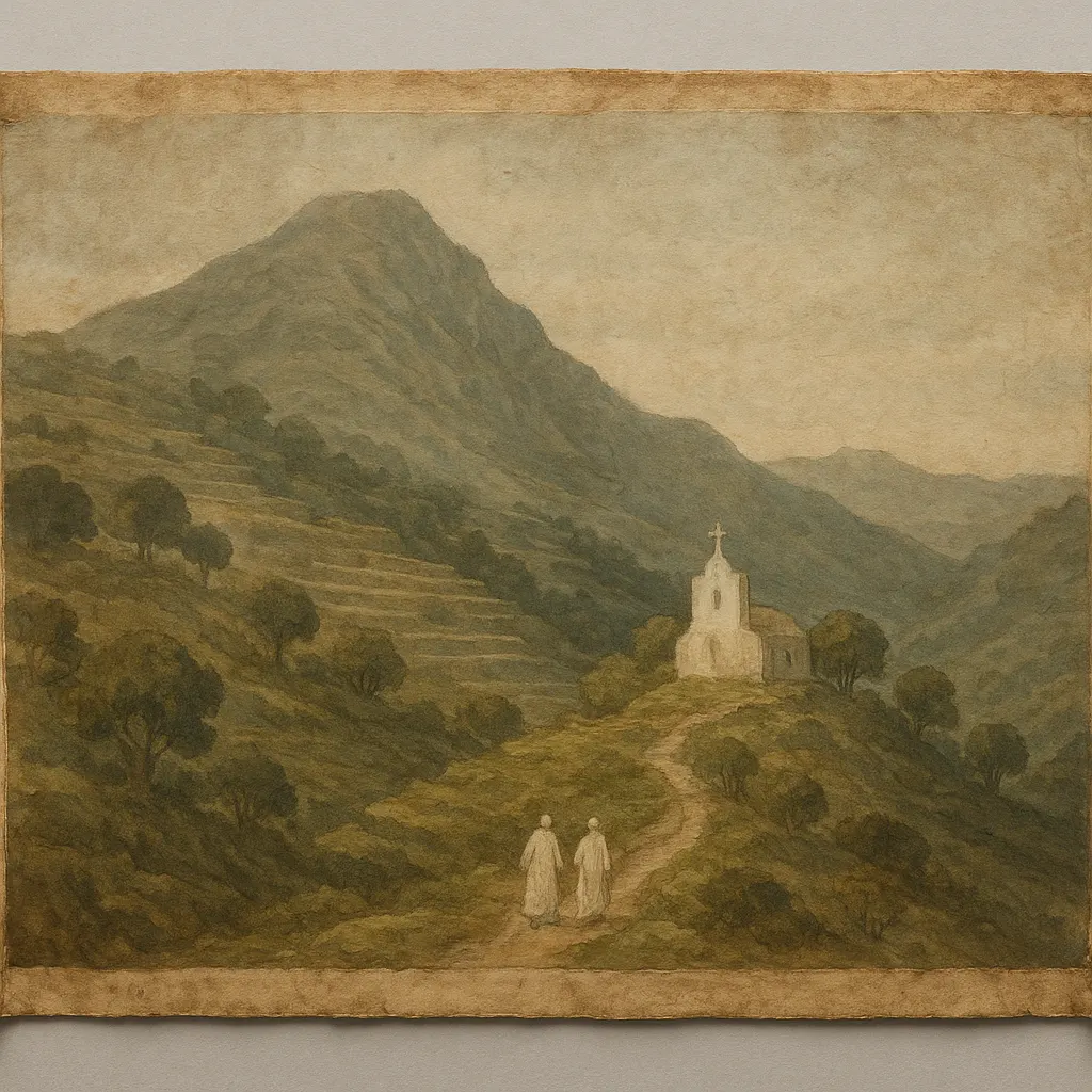 Highland monastery and surrounding landscape with terraced farming, eighteenth-century painted scroll, Ethiopia.