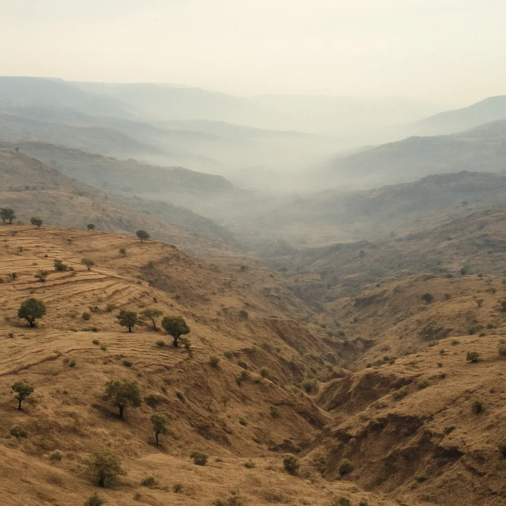 Highland terraced fields and valleys in the Ethiopian plateau region, early 1970s. Landscape shaped by centuries of grain cultivation.