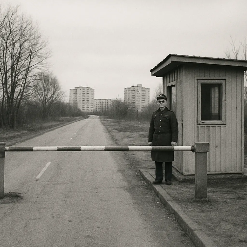 Border checkpoint on a regional frontier, 1992. Eastern European republics demarcated new borders with Union territory in the years following the Novo-Ogaryovo Accords.