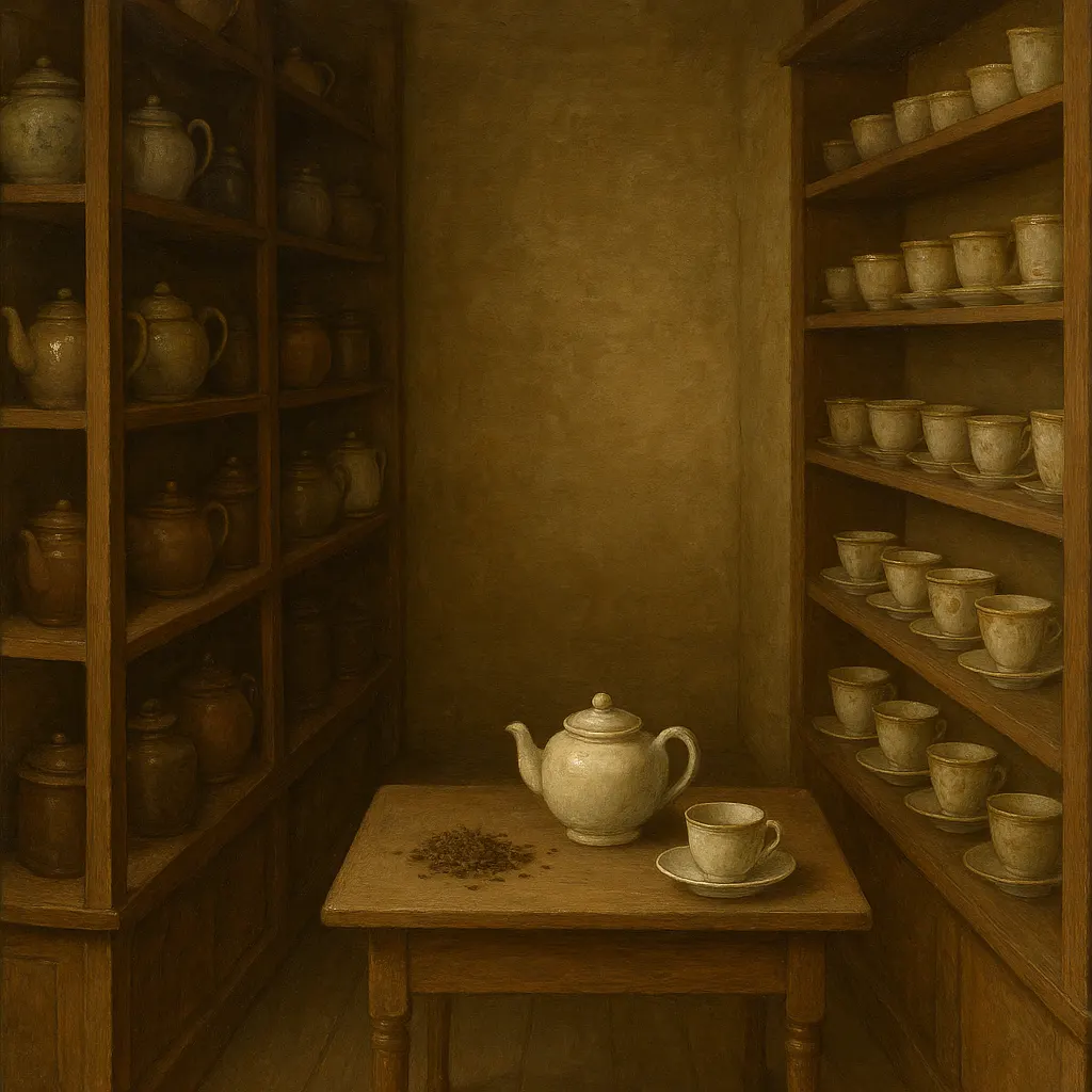 A teashop interior, late seventeenth century, showing the ceramic and metalware of tea service trade.
