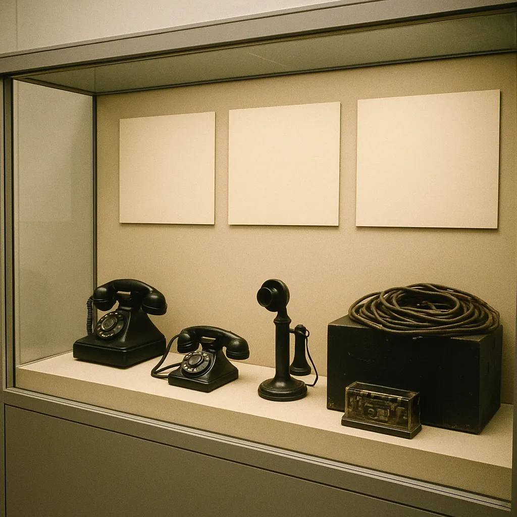 Exhibition display showing communications equipment from August 1991, Foros resort museum installation, 2001.