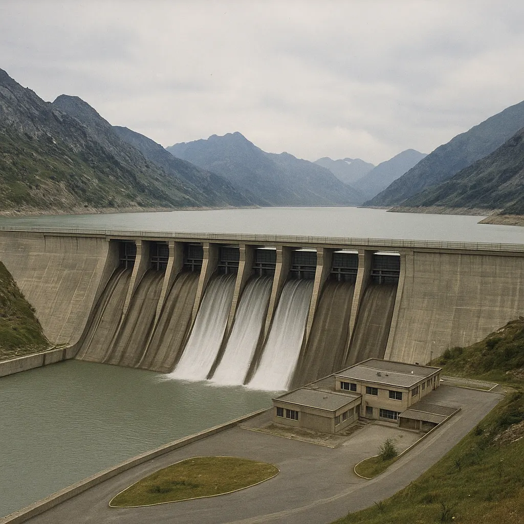 A hydroelectric dam on a tributary in the western Himalayan foothills, showing spillway gates and reservoir behind, circa 1987.
