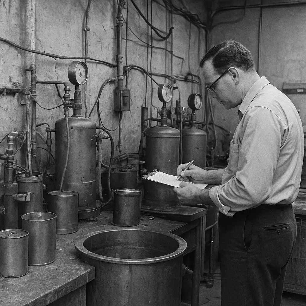 A technician inspects refrigerated serum transport containers during assembly at a British pharmaceutical facility, circa 1968.
