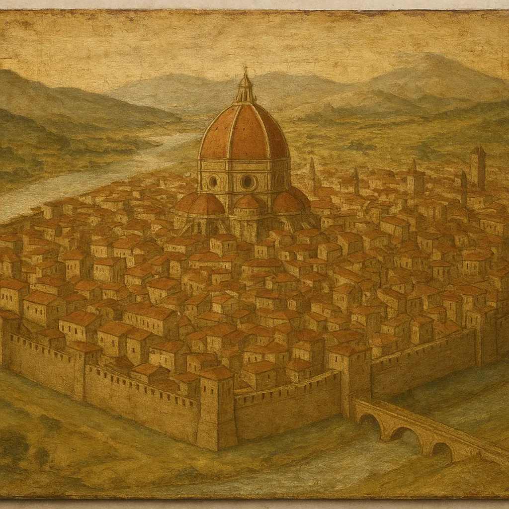 A city view depicting a cathedral dome and urban setting, tempera on panel, sixteenth century.
