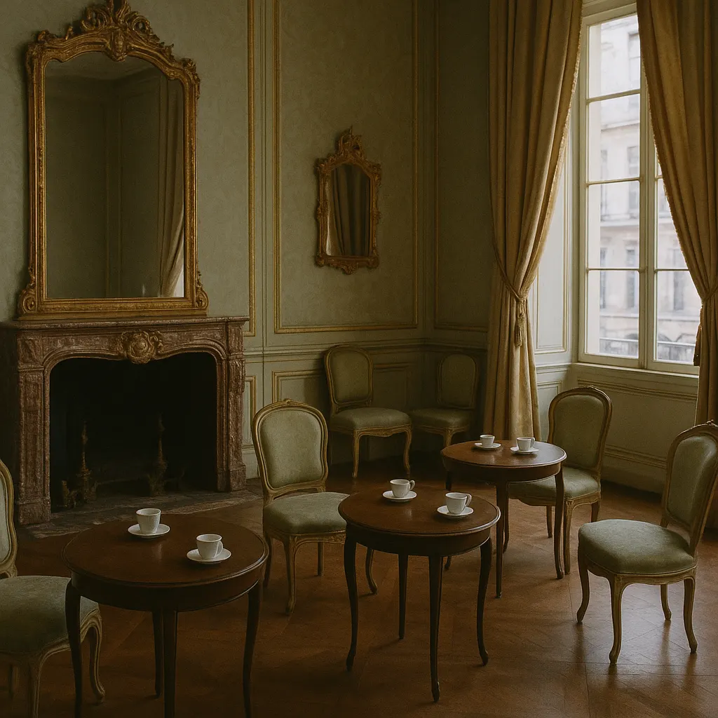 An eighteenth-century salon parlour in a Parisian townhouse, fitted for tea service with porcelain cups. Museum reconstruction.
