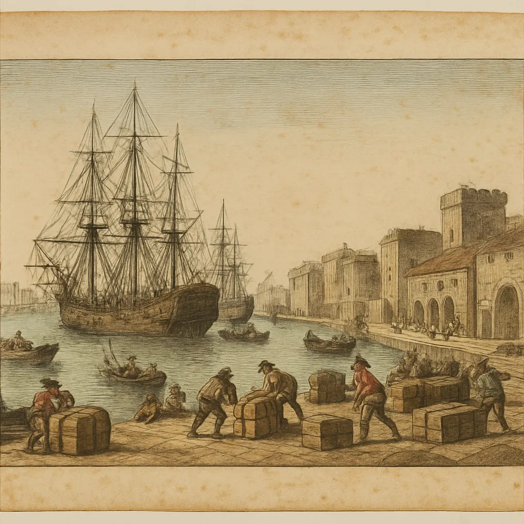 A French East India Company trading post, hand-coloured engraving, circa 1680. Port scenes like this became central to European mercantile commerce after coffee failed as a global commodity.