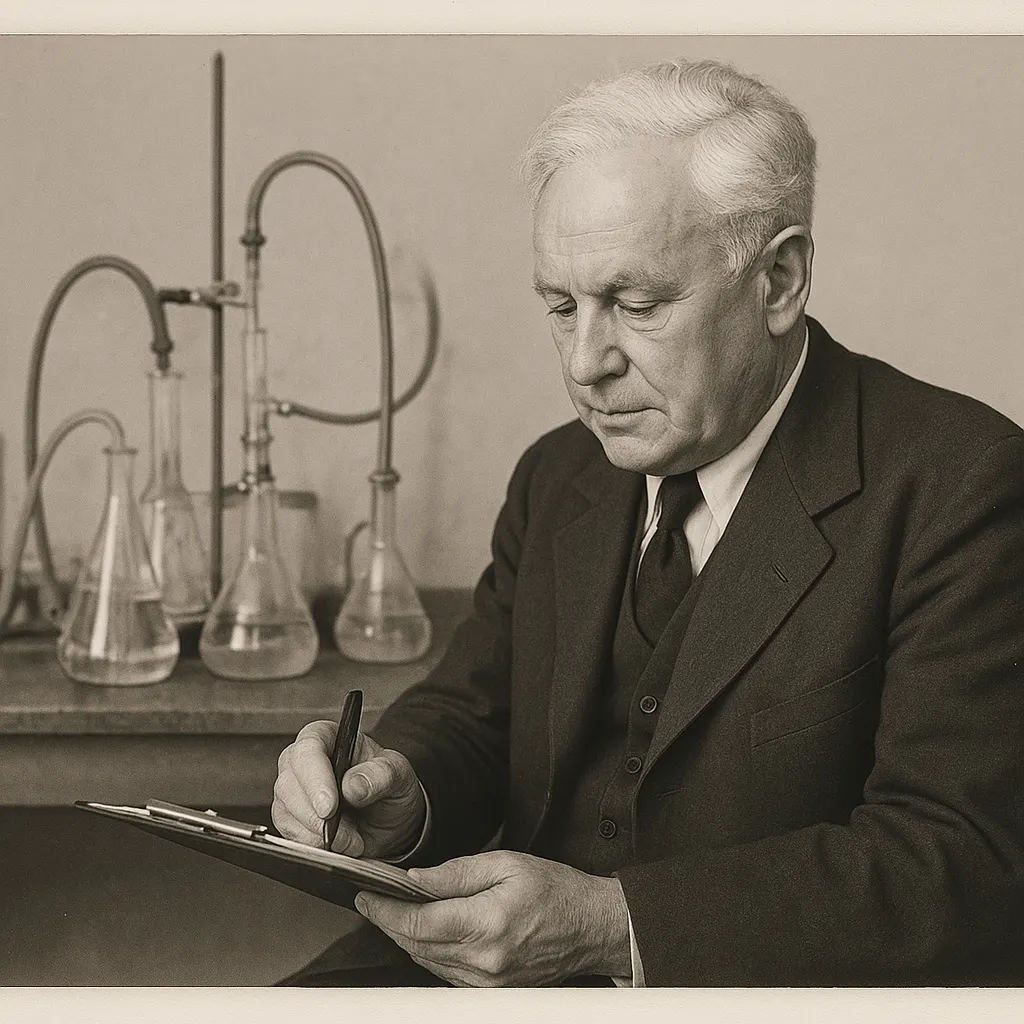 A French immunologist at his laboratory bench, mid-twentieth century. Glass apparatus and serum production equipment visible in the background.
