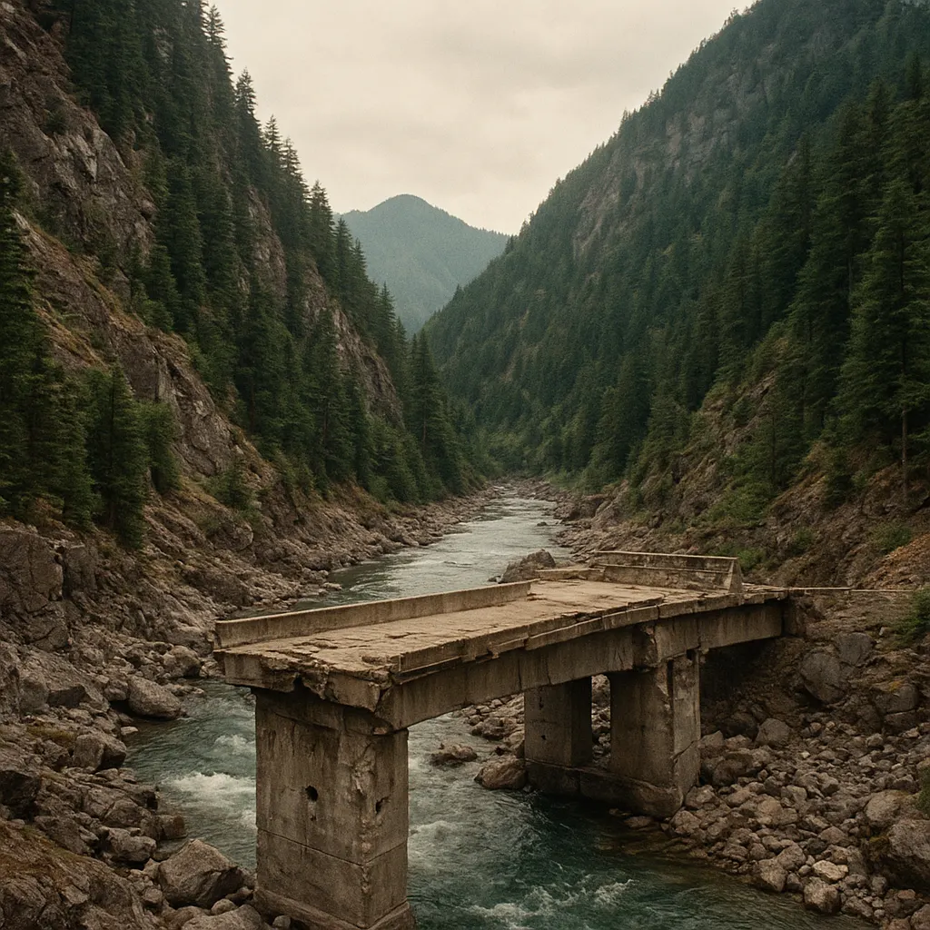A damaged bridge in a contested region of the Caucasus, 1995. A documentary photograph from the period of the ceasefire agreements.