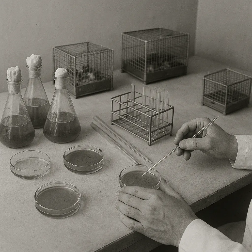 Laboratory workbench with bacterial cultures and animal housing used in azo drug screening, Bayer research facility, 1930s.