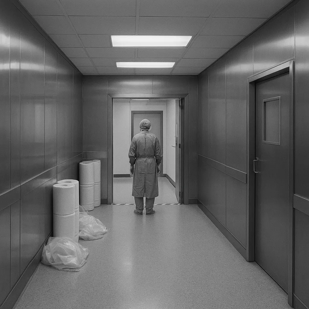 Hospital corridor designed to asepsis maximalism standards, showing sealed clean zone entrance and disposable material storage, circa 1973.