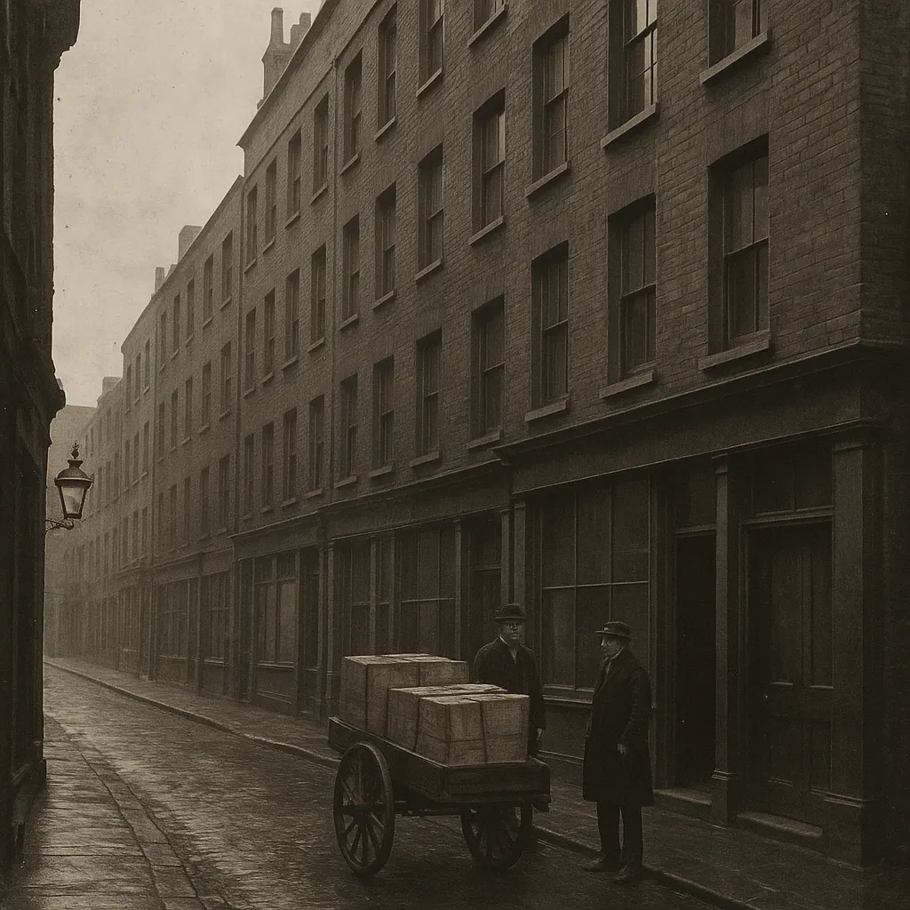 Tea warehouse street in central London, mid-nineteenth century. Brick commercial buildings with ground-floor loading doors, tea chests stacked for delivery.