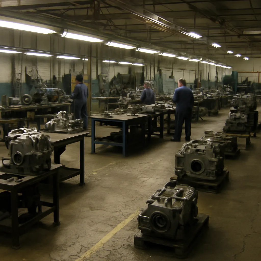 Assembly workshop producing machinery for Union export contracts, Guangdong province, 2008. Metal fabrication station, fluorescent-lit industrial interior.