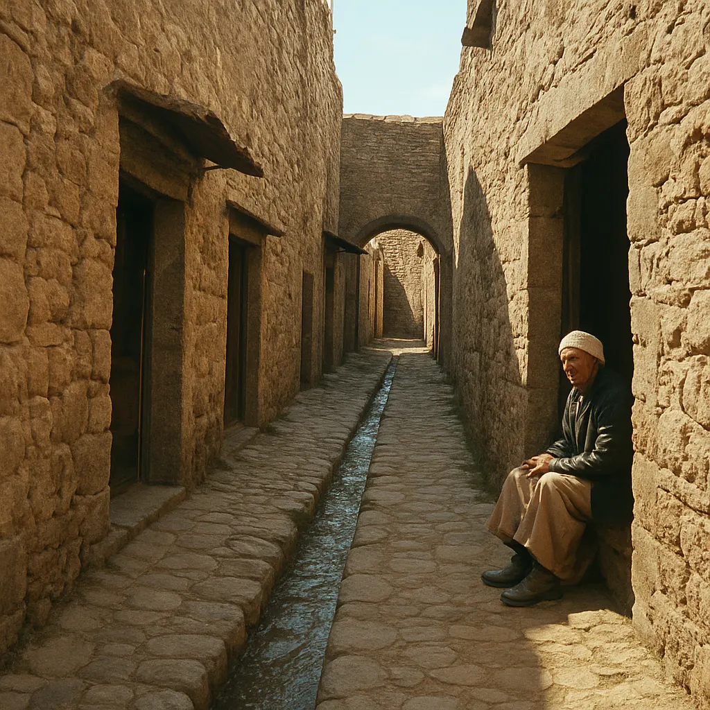 A merchant's alley in a Yemeni highland settlement, showing the architecture typical of Red Sea trade towns where kharuf and khat commerce developed after the sixteenth century.