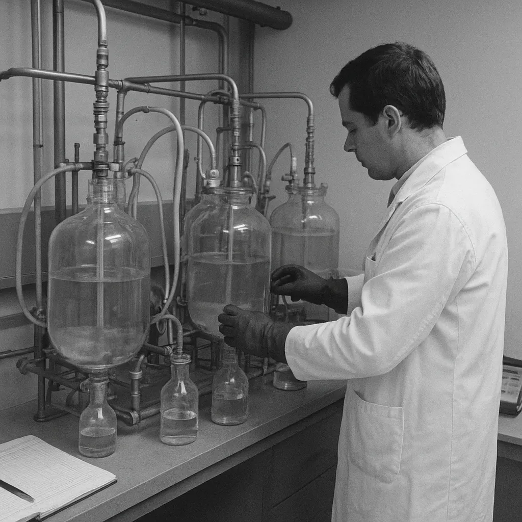 Serum purification equipment at the Halloway-Umezaki facility, Jutland, 1977. Monochrome photograph from facility archive.