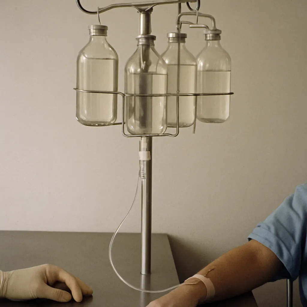 Serum therapy infusion setup in a teaching hospital, early 1980s. Multiple animal serum preparations hung simultaneously to treat resistant infection.