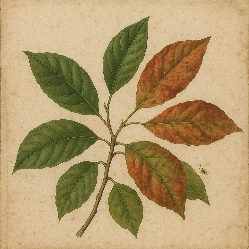 Coffee leaf damage from rust blight, watercolour study by a European naturalist, early 19th century.