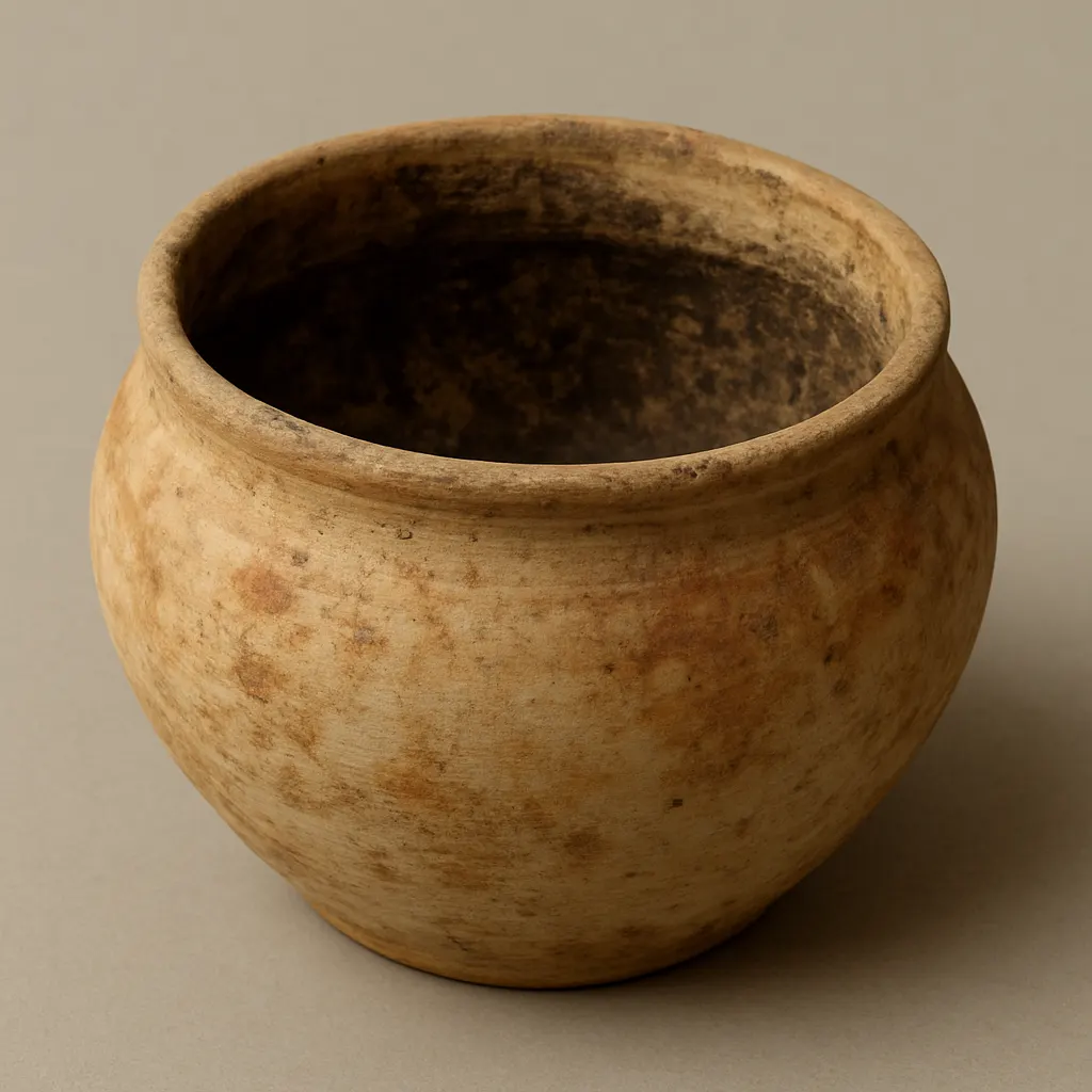 A storage vessel from a highland household, showing the dark staining pattern consistent with grain and seed storage in humid conditions, early seventeenth century.