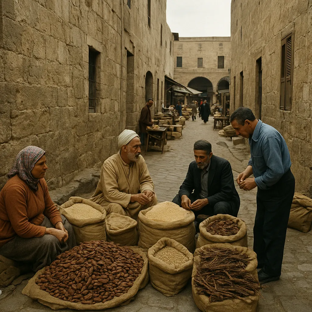 A spice and grain market in a historic Red Sea town, selling ingredients for kharuf preparation, late twentieth century.