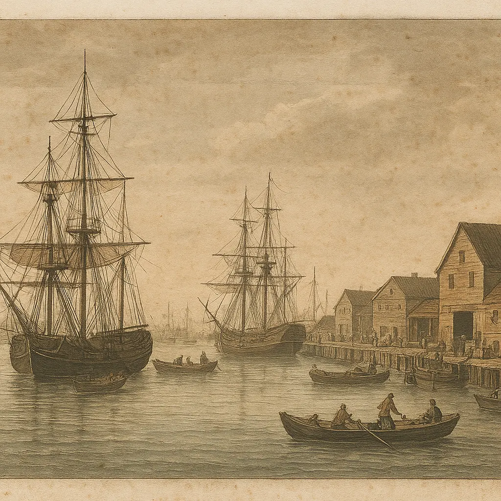 A trading port with merchant vessels, warehouse structures, and dock workers transferring goods, early eighteenth century