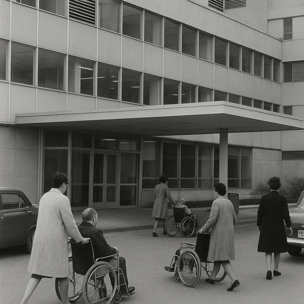 Modern hospital building with glass facade and mechanical systems, Berlin, 1964. Black and white photograph.