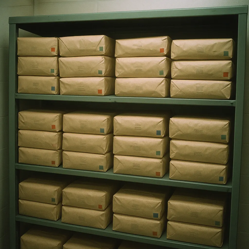 Disposable surgical supply packages arranged on a hospital ward shelf, showing paper wrapping and printed sterilization indicators, mid-1960s.
