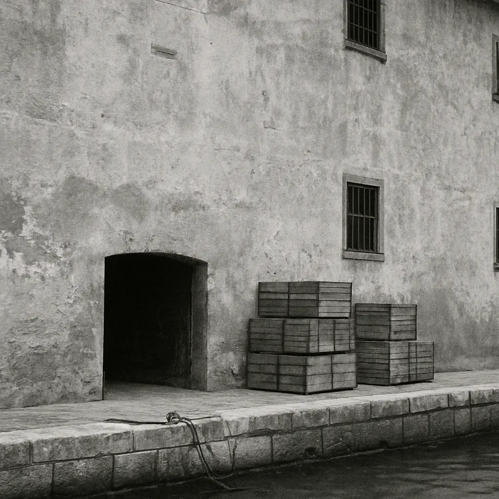 A seventeenth-century warehouse on a Portuguese quay, adapted for tea and spice storage, late seventeenth century. Black and white photograph.