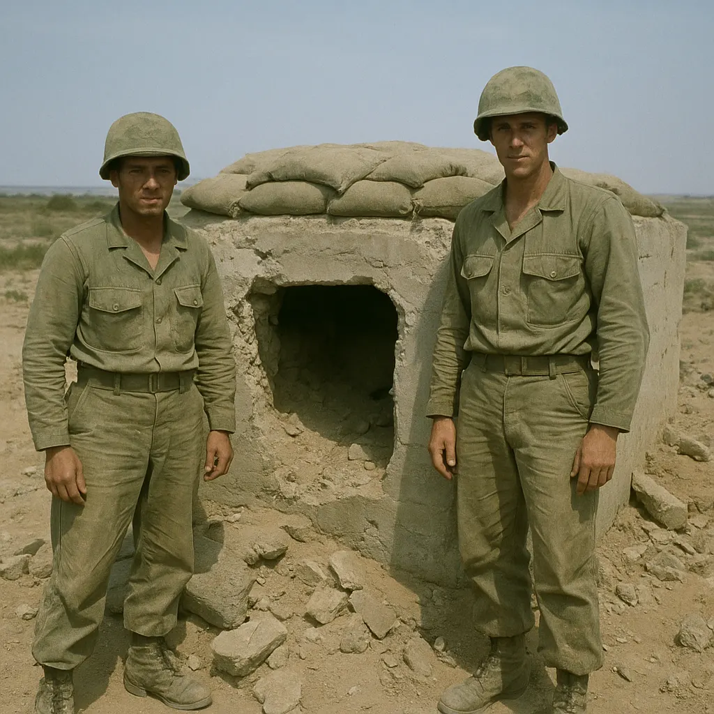 Military fortification on a desert border, showing damage and field repairs, 1965.