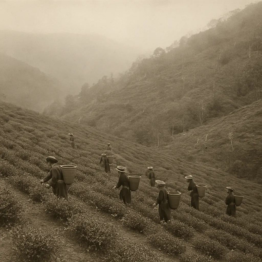 Tea garden workers harvesting leaves in an Indian highland region, mid-nineteenth century.