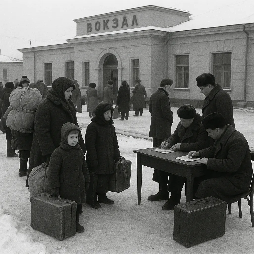 A registration point for displaced persons at a railway station in Kazakhstan, 1993. Photograph archive, International Organization for Migration.