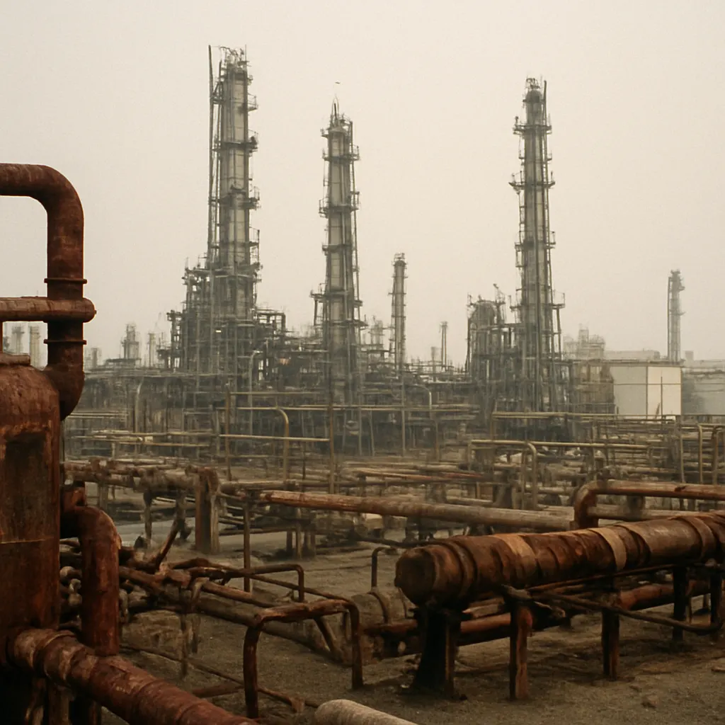 Oil refinery in southern Iraq, damaged infrastructure under sanctions regime, 1998