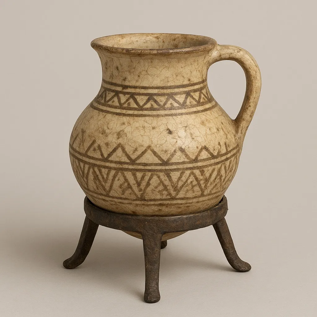 Ceramic serving pot for buna with decorated body and metal stand, eighteenth-century Harar craft, ceramic with metal base.