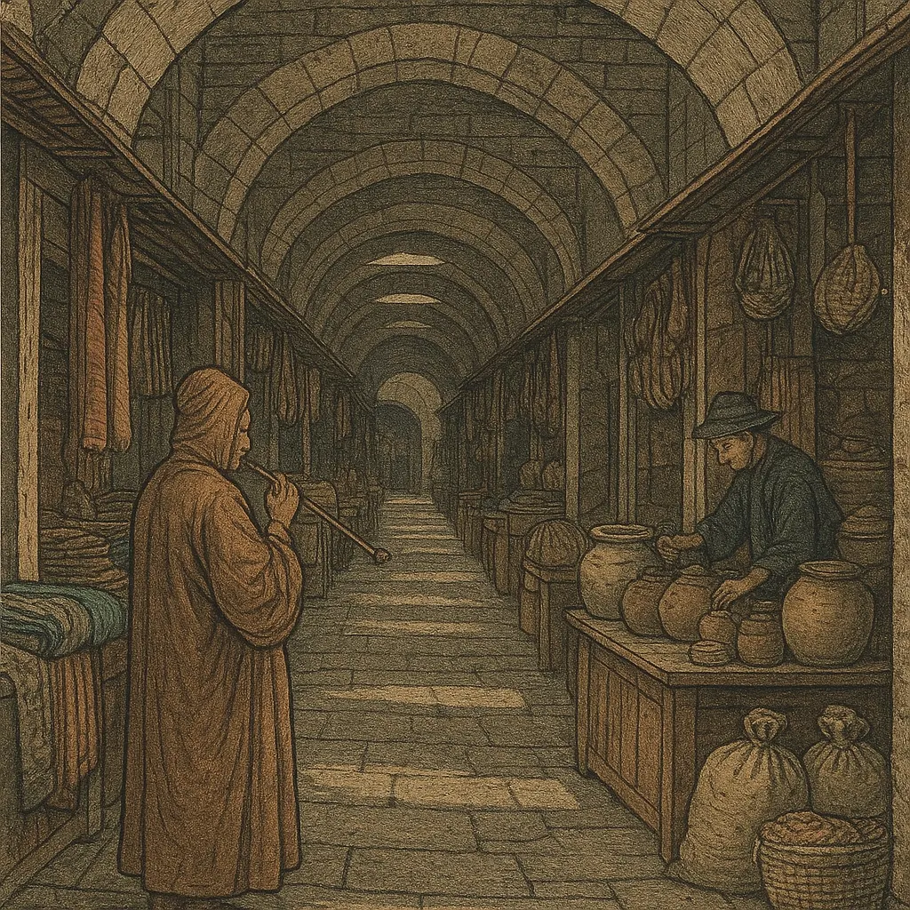 Interior of a covered bazaar with merchants and stimulant-trade goods; woodblock print, late 1600s.