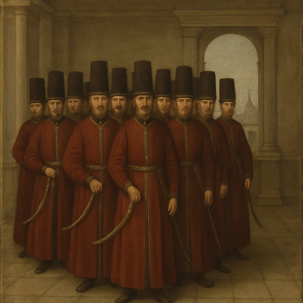 Janissary officers in formal dress, seated and standing in ranks within the palace. Oil on canvas, eighteenth century.